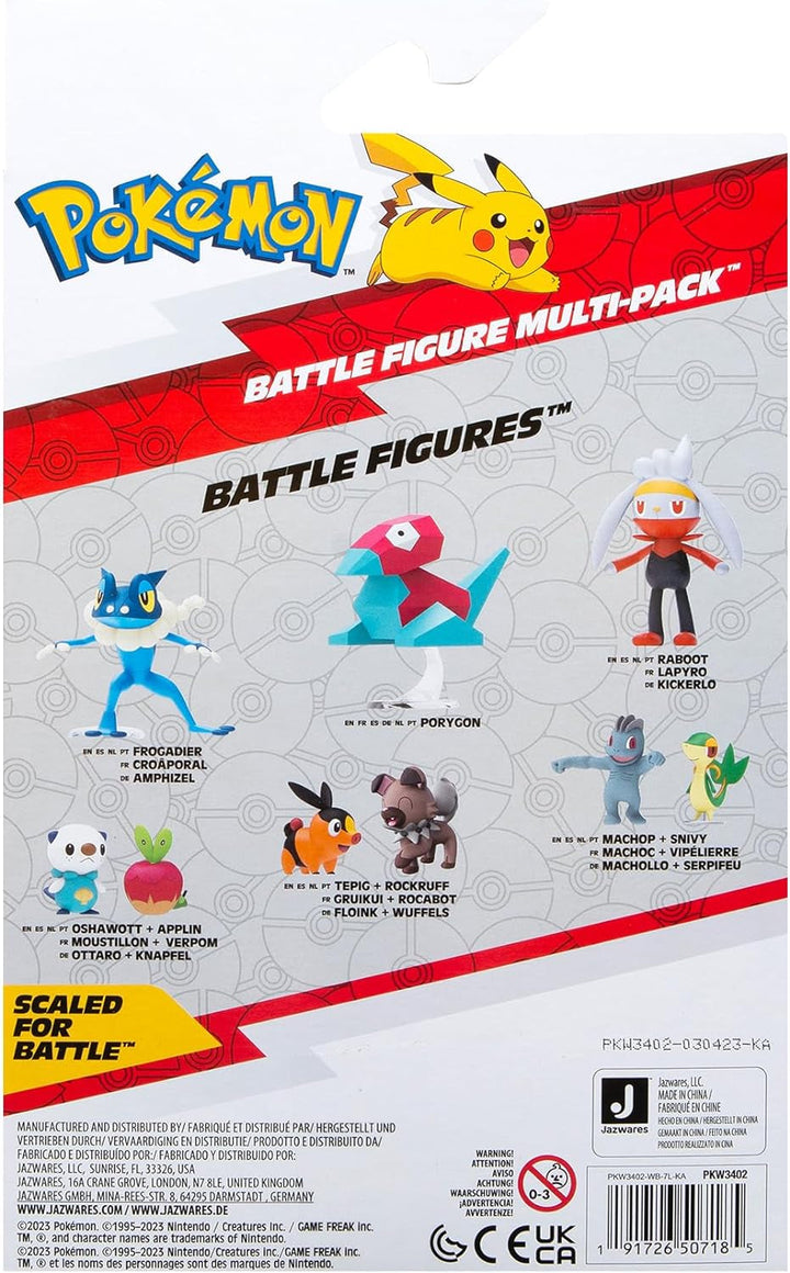 Pokémon PKW3402 - Battle Figure Multipack - pachet de 4 cu Pikachu, Croc, Kwaks, Felori, figuri detaliate oficiale, 5 cm fiecare
