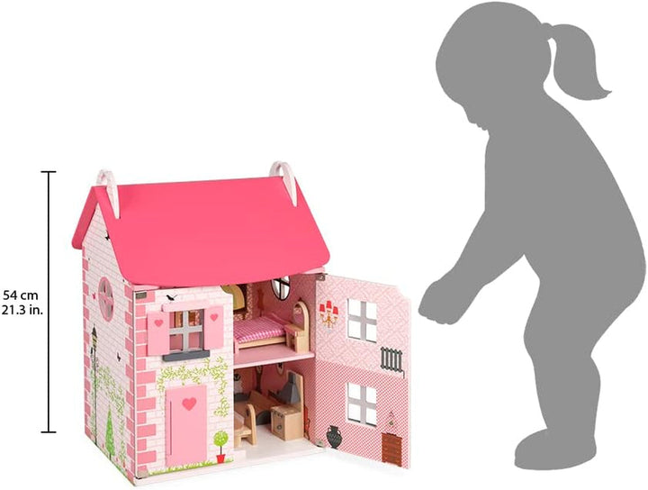Janod - Casa de păpuși din lemn Mademoiselle, 3 etaje și cu 11 accesorii, replică de jucărie, dezvoltă imaginația, de la 3 ani, J06581, roz
