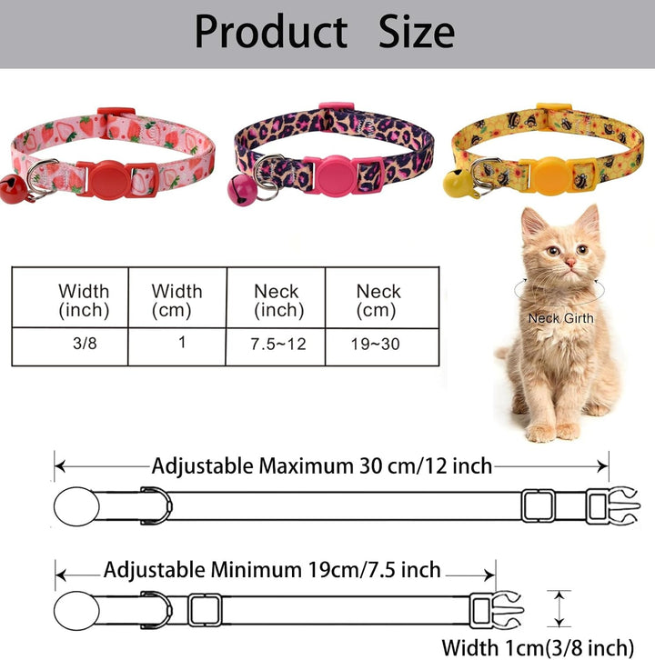 Zgardă pentru pisici cu încuietoare de siguranță și clopoțel, zgardă reglabilă pentru pisici și pisoi, 19-30 cm, 3 bucăți (Set C)