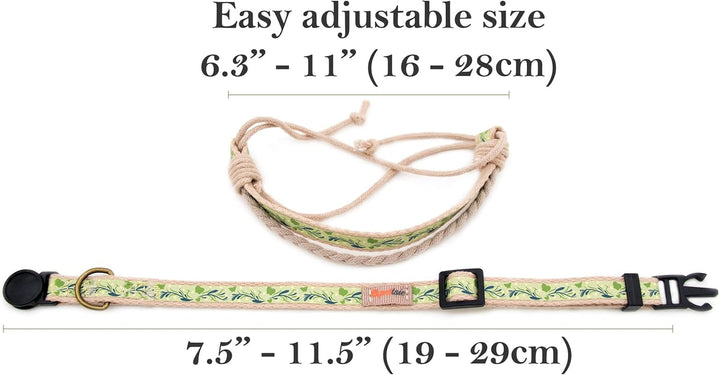 Set zgardă și brățară a prieteniei pentru pisici Pettsie, design sigur cu bumbac moale, inel D pentru accesorii, dimensiune ușor reglabilă 19-29 cm, verde