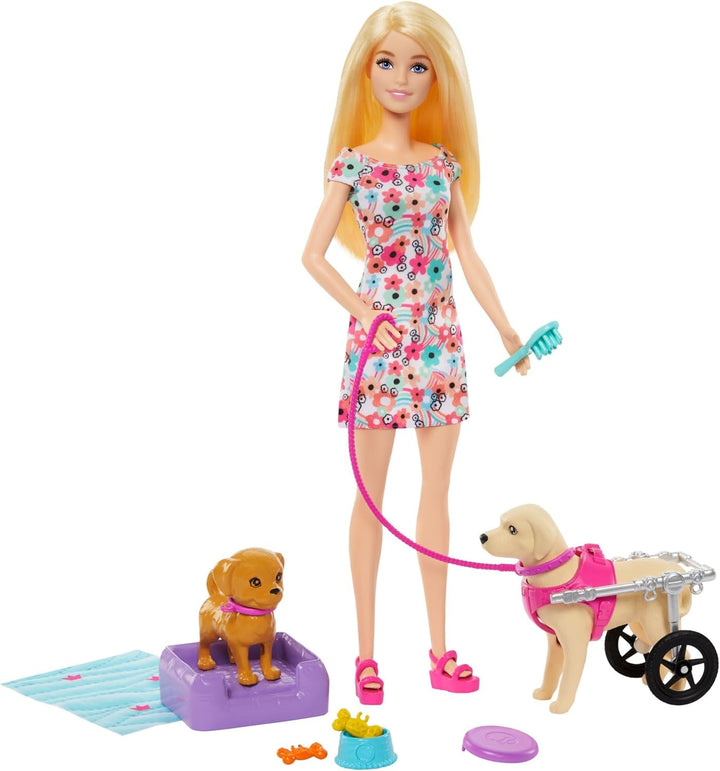 Păpușă Barbie Dog Duo și accesorii, inclusiv câine mic și câine mare cu scaun cu rotile, lesă, bol de mâncare, pat pentru animale de companie și tratează oasele, pentru copii de la 3 ani, HTK37