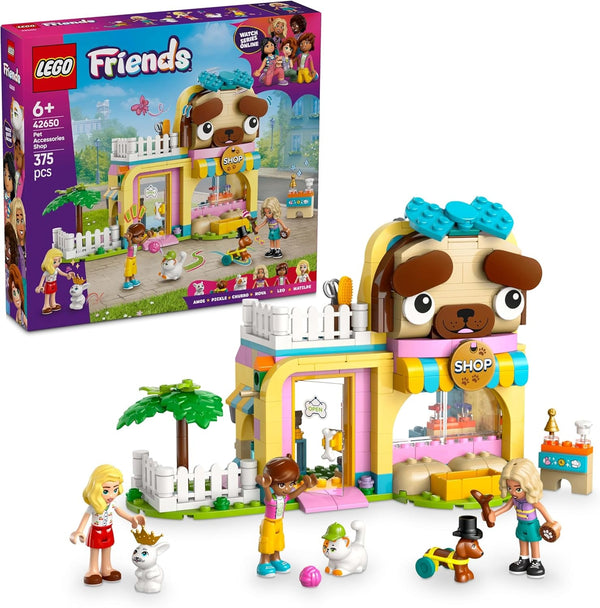 Magazin de accesorii pentru animale LEGO Friends, set de joacă pentru jocuri de rol, jucărie educativă pentru fete de la 6 ani, 3 minifigurine și 3 figuri de animale, pisică, câine și iepuraș, idee de cadou pentru copii 42650