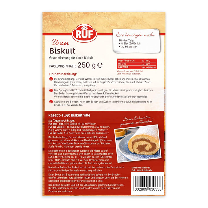 RUF Biskuit Teig, Backmischung Für Einen Saftigen Biskuitteig, Gelingsicher Und Schnell Zubereitet, Zur Herstellung Von Biskuitrollen, Biskuitkuchen Oder Tortenboden, 1 X 250G