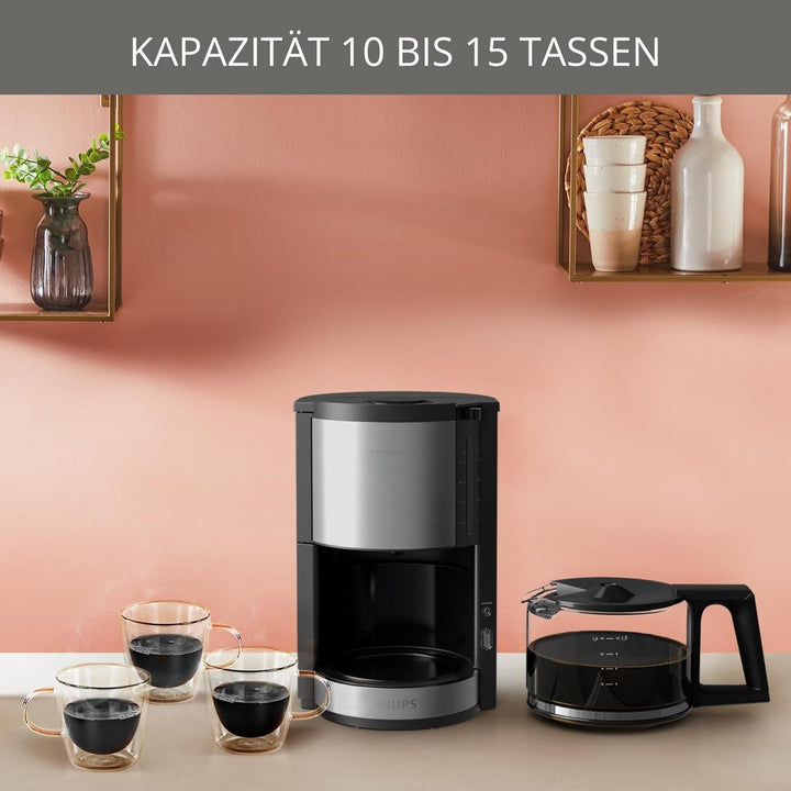 Cafetieră cu filtru Krups KM3210 Pro Aroma plus, 10 cești, 1,25 litri, funcție de menținere a căldurii timp de 30 de minute, fereastră vizibilă pentru nivelul apei, sistem anti-picurare, negru Cu aplicații din oțel inoxidabil