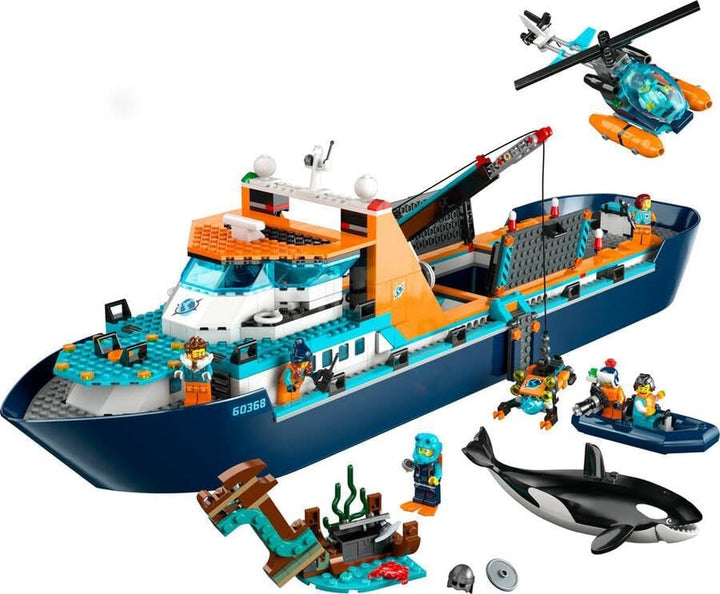 LEGO City Arctic Research Ship, barcă mare de jucărie plutitoare cu elicopter, barcă pneumatică, submarin Rov, epavă vikingă, 7 minifigurine și figură Orca, cadou pentru copii cu vârsta de 7+ 60368