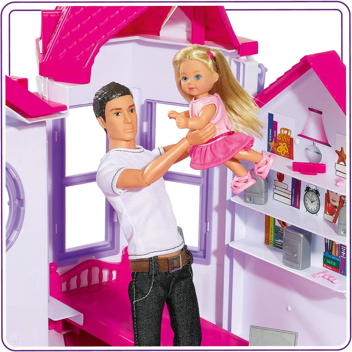 Simba 104661996 - Steffi Love Dreamhouse, Casă de joacă mare, 4 camere, FĂRĂ PUPPETS, 84cm înălțime, Două etaje, Clopoțel funcțional, Pliabil
