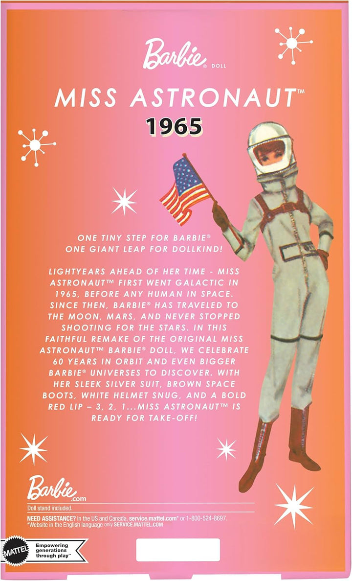 Mattel Barbie Miss Astronaut păpușă de colecție cu costum argintiu, cizme spațiale și accesoriu cască, reproducere vintage a originalului din 1965, JBJ48