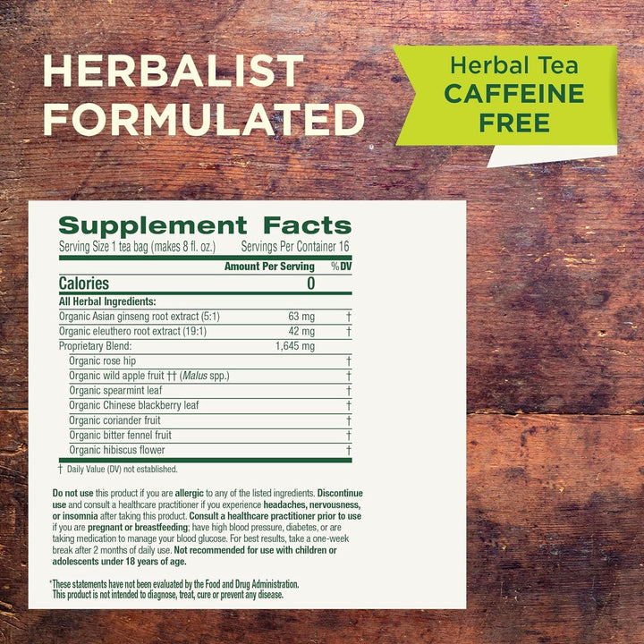 Tea, Organic Stress Ease Focus, with Adaptogens, Everyday Balanced Energy, Ginseng Wild Apple Mint, 16 Tea Bags Tea USA Naty Shop