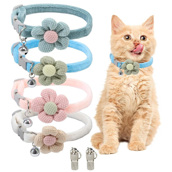 Pachet de 4 zgărzi pentru pisici cu clopoței, 2 etichete de identificare pentru animale de companie, zgărzi reglabile cu papion floral, accesorii drăguțe pentru zgardă (cu flori)
