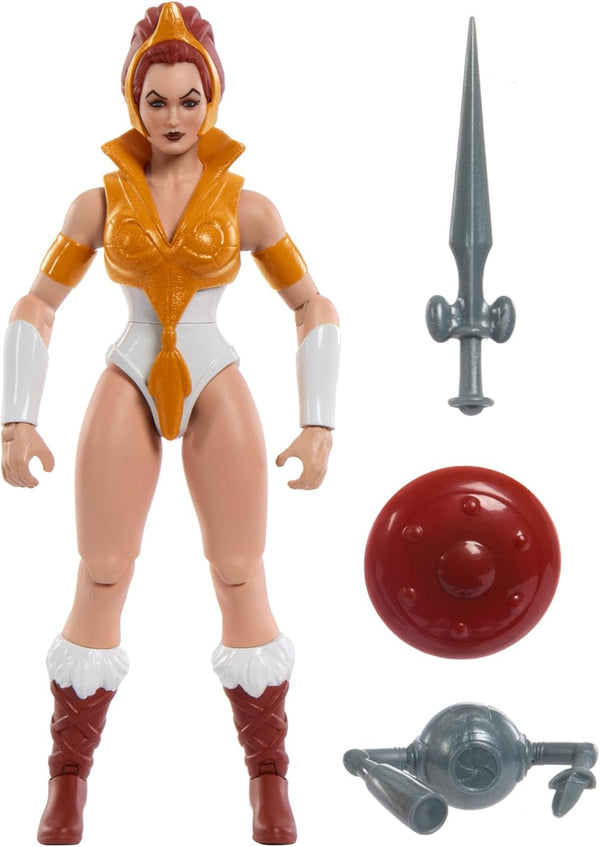 Jucărie Masters of the Universe Origins, figurină Teela din colecția de desene animate, aproximativ 14 cm înălțime Eroina Motu, accesoriu și mini benzi desenate, HYD27