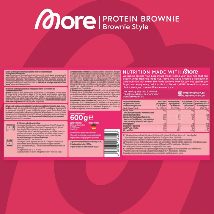 MORE Protein Brownie, 600G, Vegane Backmischung Für Brownies Mit Der Extra Portion Protein, Geprüfte Qualität - Made in Germany