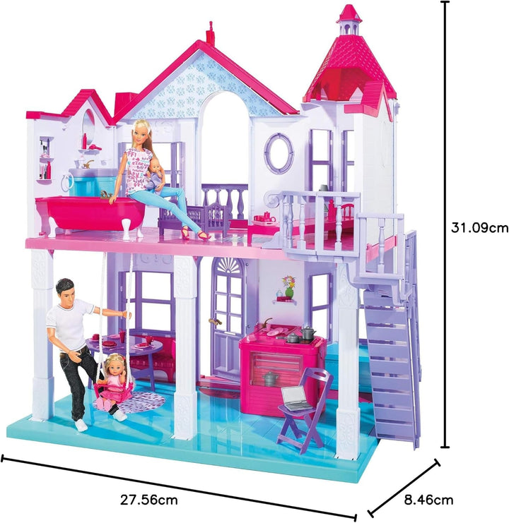 Simba 104661996 - Steffi Love Dreamhouse, Casă de joacă mare, 4 camere, FĂRĂ PUPPETS, 84cm înălțime, Două etaje, Clopoțel funcțional, Pliabil
