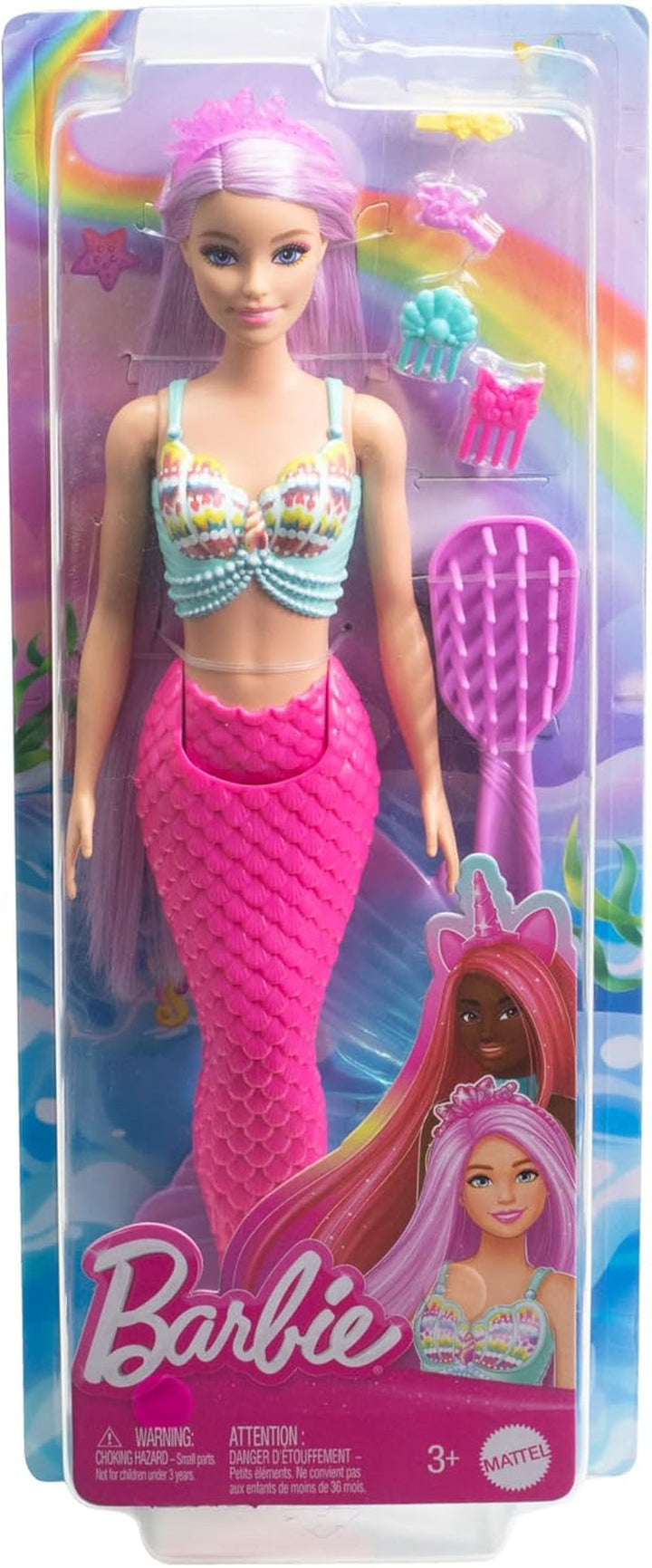 Păpușa Barbie Mermaid - cu păr lung roz și accesorii pentru styling personalizat, inclusiv perie, cochilie frumoasă și aripioare roz, pentru copii de la 3 ani, HRR00