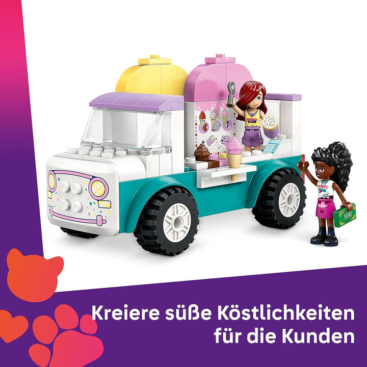 Camion de înghețată LEGO Friends Heartlake City, set de joacă pentru jocuri de rol, set de construcție cu 2 figurine și un iepuraș, jucărie pentru fete de la 4 ani, jucărie de construcție cu minifigurine ale personajelor 42644