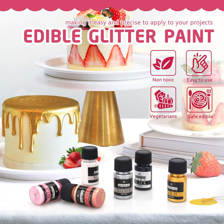 Flüssig Essbarer Glitzer - 6 Farben Metallisch Glitzerfarben Lebensmittelfarbe Für Dekorieren Von Kuchen, Backen, Cupcakes - Metallic Flüssiges Essbares Glitzerpulver Für DIY Kekse, Fondant, Torten