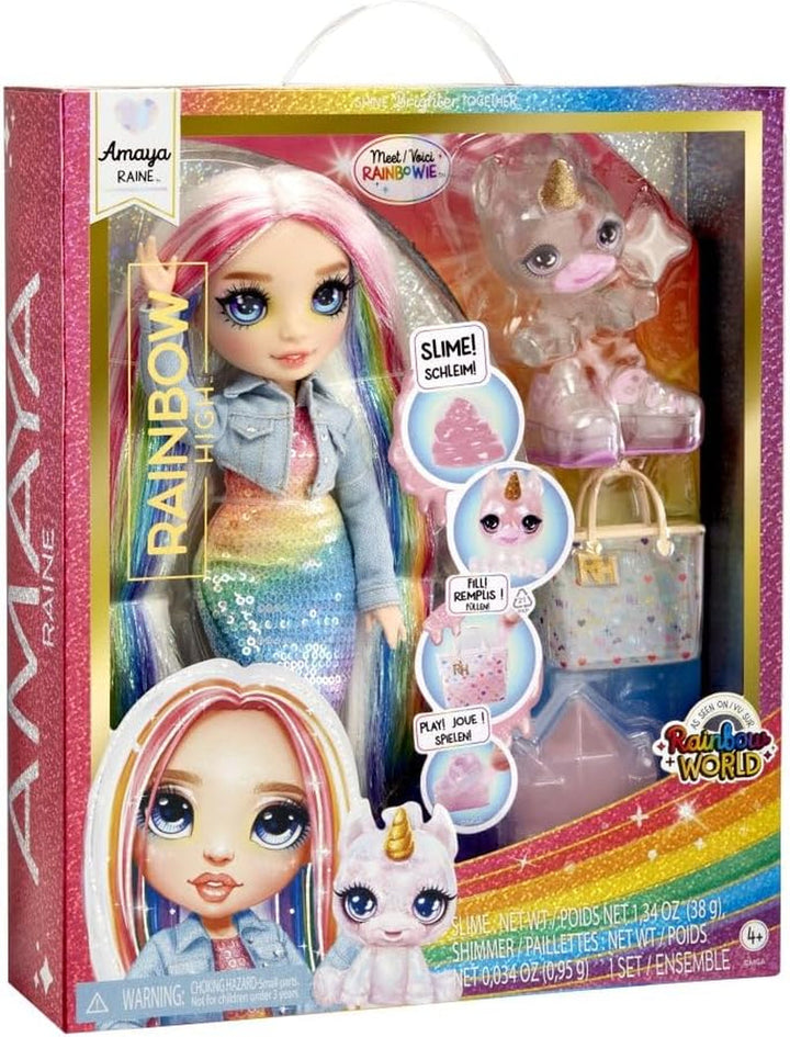 Păpușă Rainbow High Fashion cu slime și animal de companie - Amaya (Culori curcubeu) - păpușă strălucitoare de 28 cm cu slime sclipitor, animal magic și accesorii de modă - jucărie pentru copii - 4-12 ani