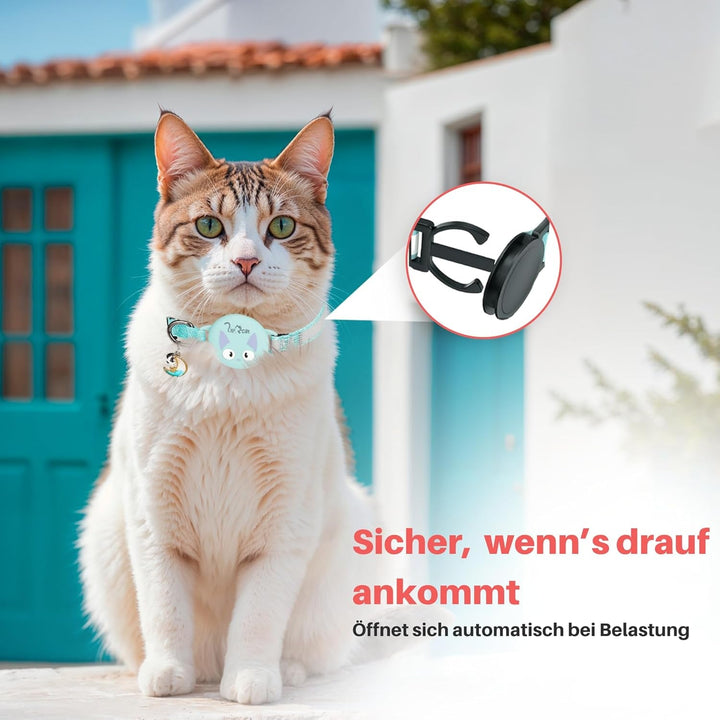 Zgardă pentru pisici Lipcat® Airtag | Reflectorizantă, căptușită și reglabilă | Închizătoare de siguranță, clopoțel și suport impermeabil pentru etichetă | Sistem de urmărire a pisicilor | Compatibilă cu Apple Airtag | Turcoaz