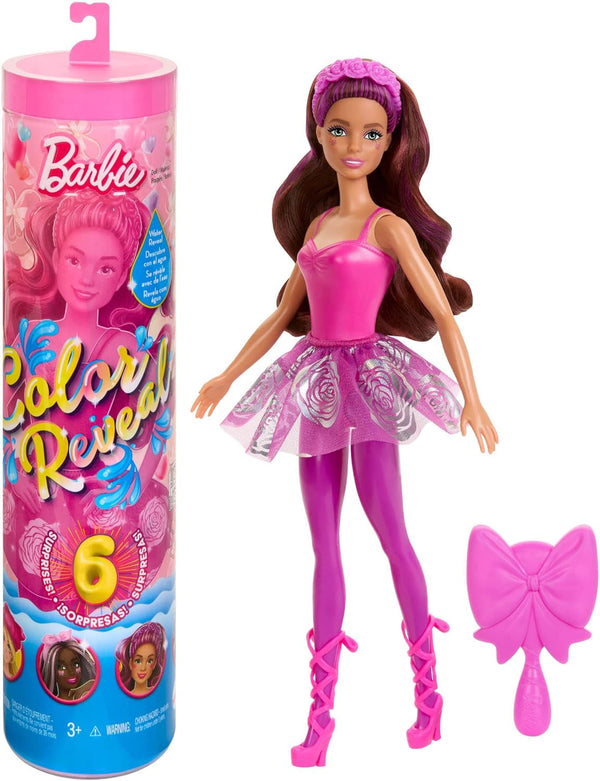Păpușă Barbie Colour Reveal și accesorii, seria balerină, 6 surprize de desfăcut, inclusiv schimbarea culorii, inspirată de tendința principală de balet (stilurile pot varia), HRK17