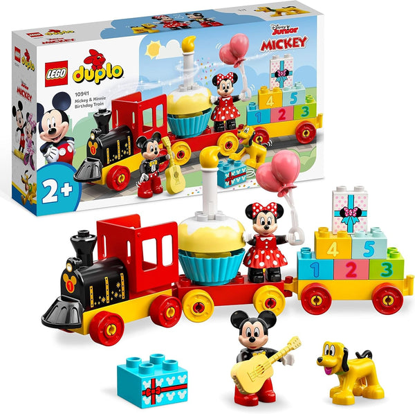 Trenul aniversar LEGO 10941 DUPLO Disney Mickey și Minnie, tren de jucărie cu tort și baloane, cadou pentru copii de 2 ani și peste