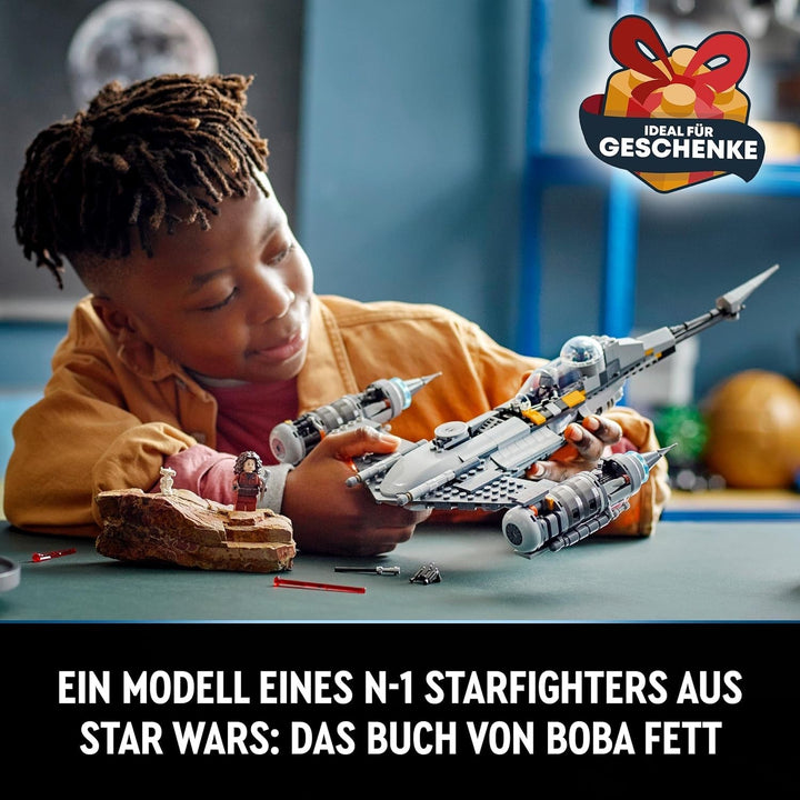 LEGO Star Wars Luptătorul Mandalorian N-1 din Cartea lui Boba Fett, jucărie construibilă cu navă spațială, set de 4 personaje, inclusiv figura Baby Yoda 75325