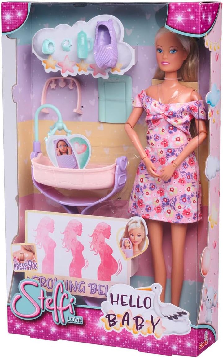 Simba 105733680 Steffi LOVE Doll Hello Baby (29 Cm) - Păpușă de joacă gravidă cu burtă în creștere, păpușă și accesorii - jucărie pentru copii pentru fete și băieți de la 3 ani, negru
