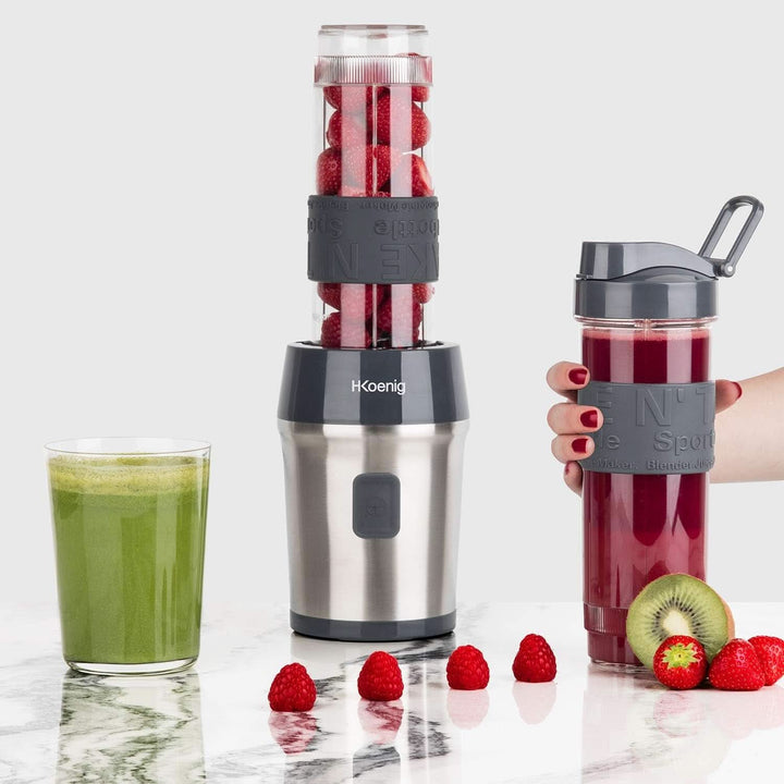 H.Koenig Smoothie Maker SMOO9 - Mini Standmixer - Mini Blender - 300 Watt - 570 Ml - Edelstahl - 2 Kunststofflaschen - Bpa-Frei, Grau