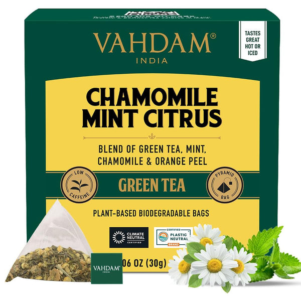 , Chamomile Mint Citrus Green Tea Bags (15 Pyramid Tea Bags) LOW CAFFEINE GREEN TEA, Non GMO | Directly Sourced | Chamomile Tea | Mint Tea Bags Tea USA Naty Shop Chamomile Mint Citrus Green Tea 15 Count (Pack Of 1)