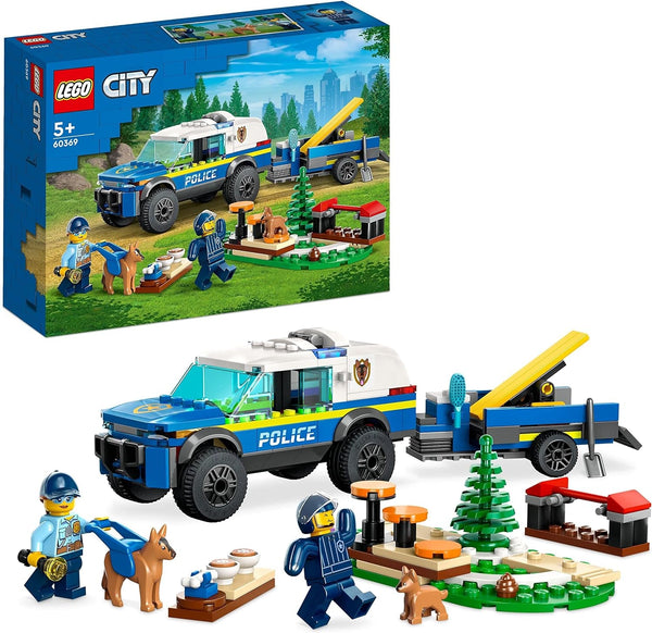 LEGO 60369 City Mobile Police Dog Training, mașină de poliție jucărie cu remorcă, figuri câine și cățel, set de animale pentru copii 5+ ani