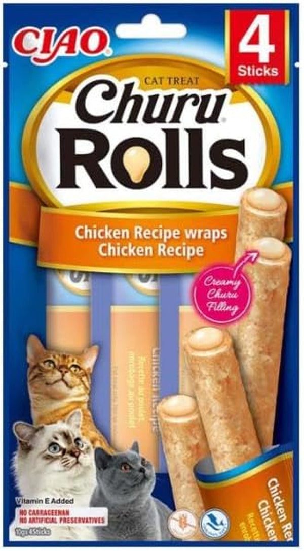 INABA Churu Rolls fără subproduse cu 59% carne de pui Tratează pisicile, fără cereale, fără zahăr, perfecte pentru ascunderea comprimatelor, brânzoaice moi și suculente pentru pisici 40G