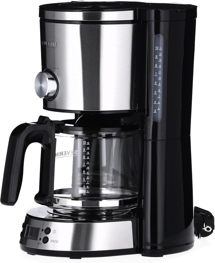 SEVERIN Cafetiera "Typeswitch" cu ulcior de sticlă și cronometru, comutator de aromă pentru alegerea a 2 opțiuni de preparare, ceas digital cu funcție de cronometru, pentru până la 10 cești, 1.000 W, oțel inoxidabil negru periat, KA 4826