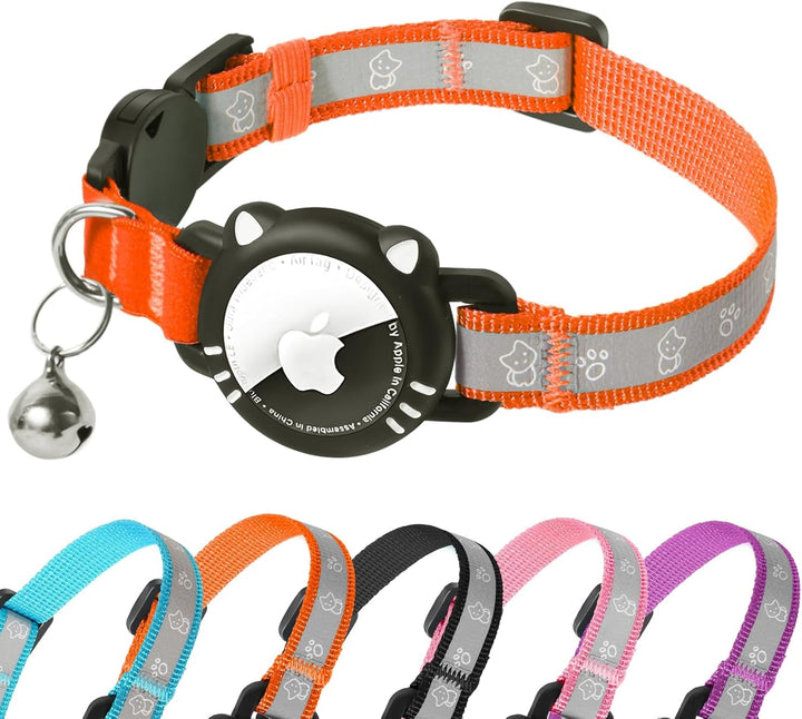 Zgardă pentru pisici Agoumlux Airtag, reflectorizantă, cu închidere de siguranță, cu clopoțel, cu carcasă Airtag reglabilă pentru pisici, negru, S (23-33 cm)