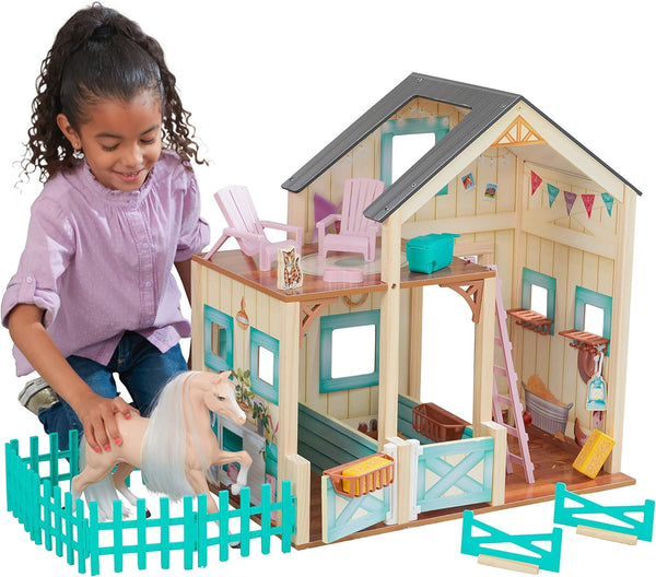 Casa de păpuși Kidkraft Sweet Meadow Horse Stable cu cal - set de joacă din lemn cu mobilier și accesorii, cadou de jucărie cu cal pentru băieți și fete de la 3 ani, 63534
