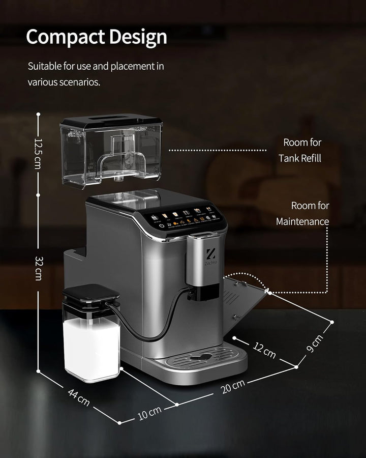 ZACHVO Mașină de cafea complet automată Cu recipient pentru lapte, 20 bar, râșniță cu 15 trepte, ecran tactil, control al temperaturii pid, curățare automată, 5 băuturi la apăsarea unui buton - latte, cappuccino și multe altele, compact