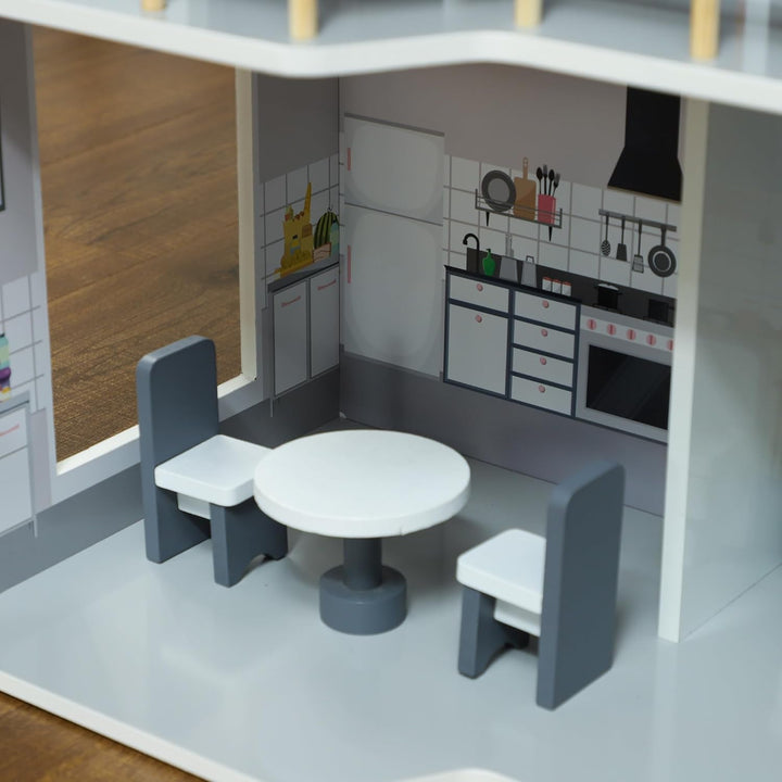 AIYAPLAY Casă de păpuși din lemn, casă de joacă cu 3 etaje cu 13 piese de mobilier, accesorii, 85,3 cm înălțime Casă de păpuși pentru copii de 3-6 ani, gri