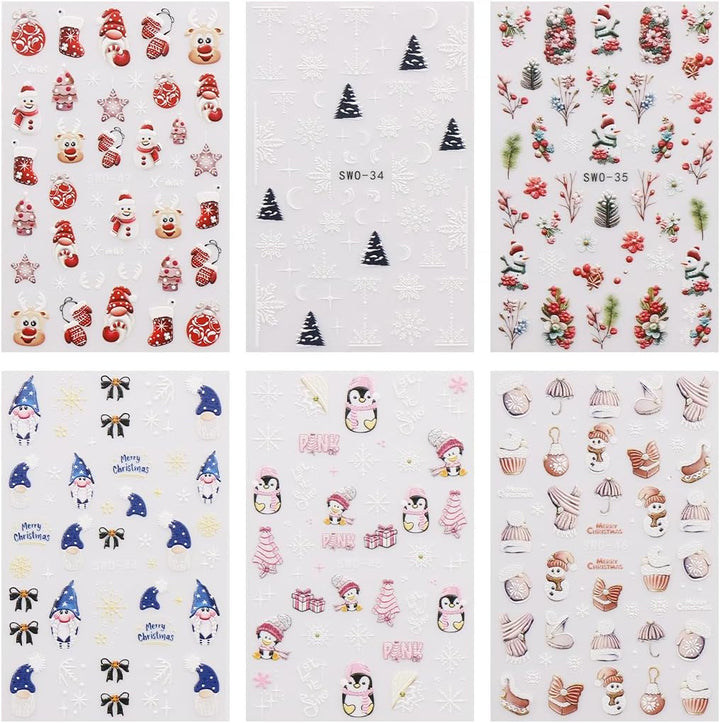 JMEOWIO Nagelsticker Weihnachten 6 Blatt Nail Art Sticker Selbstklebend Nagelaufkleber Schneeflocke Winterurlaub Niedlich Dekoration Nageldesign Zubehör