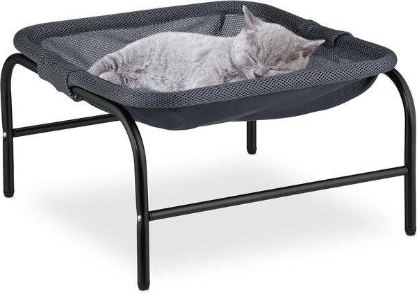Hamac Relaxdays pentru pisici, scaun suspendat, supraînălțat, ÎxlxA: 27x45x45 cm, pat pentru pisici cu suport, gri/negru