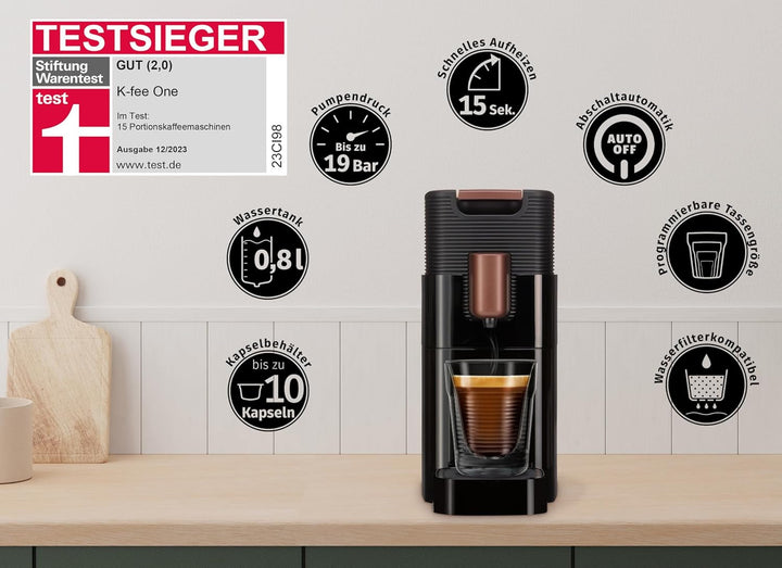 Aparat cu capsule K-Fee ONE pentru cafea, ceai și cacao | Aparat de cafea compact | Încălzire rapidă | Rezervor de apă de 0,8 L | 19 bar | Cupru negru | Câștigătorul testului Stiftung Warentest 2023