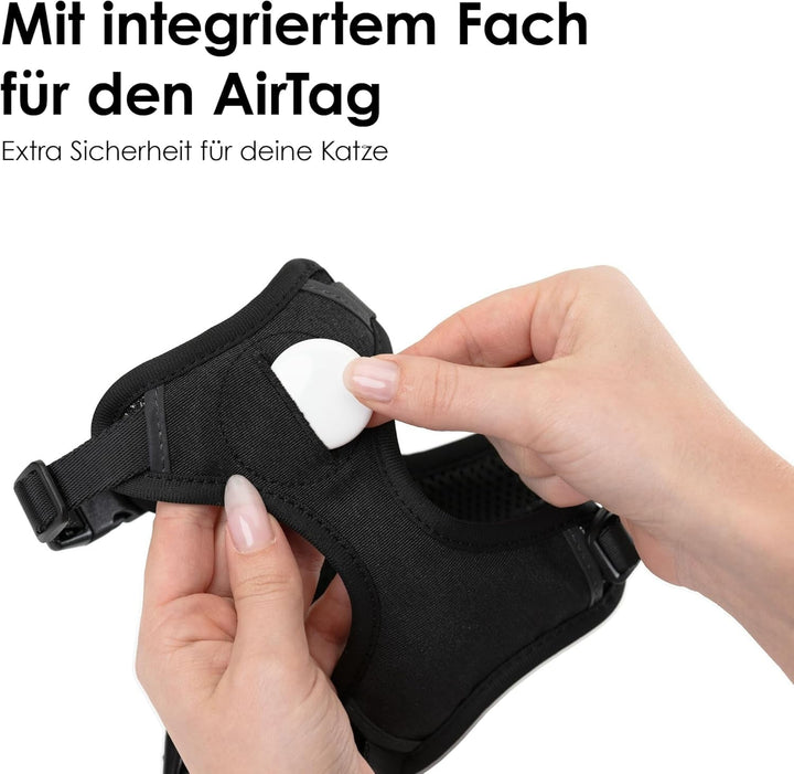 Ham pentru pisici Lucybalu® Explorer cu lesă | Ham anti-evadare cu compartiment pentru etichetă de aer | Ham pentru piept cu lesă | Ham de siguranță cu lesă pentru pisici | Leo M/L