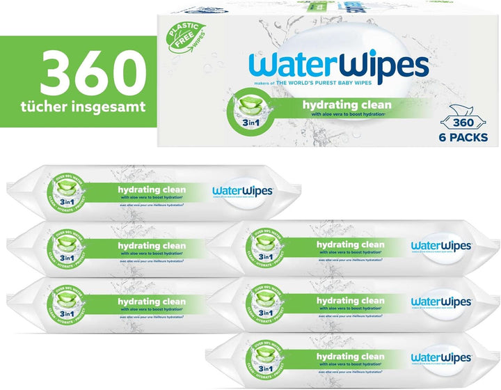 Waterwipes Feuchtigkeitsspendende, Säubernde Baby-Feuchttücher, 360 Tücher (6 Packungen), Mit 99% Wasser & Aloe Vera Extrakt, Feuchttücher Für Gesicht & Körper