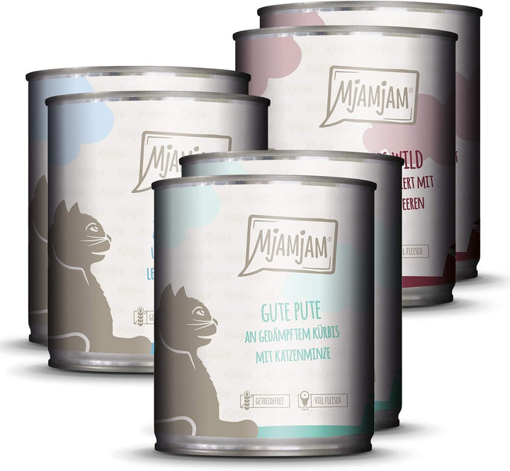 Mjamjam - Hrană umedă premium pentru pisici - Mixpaket II - Game & Rabbit, Turkey & - Hrană umedă premium pentru pisici - Pui suculent cu morcovi gustoși, pachet de 6 (6 X 800 G)