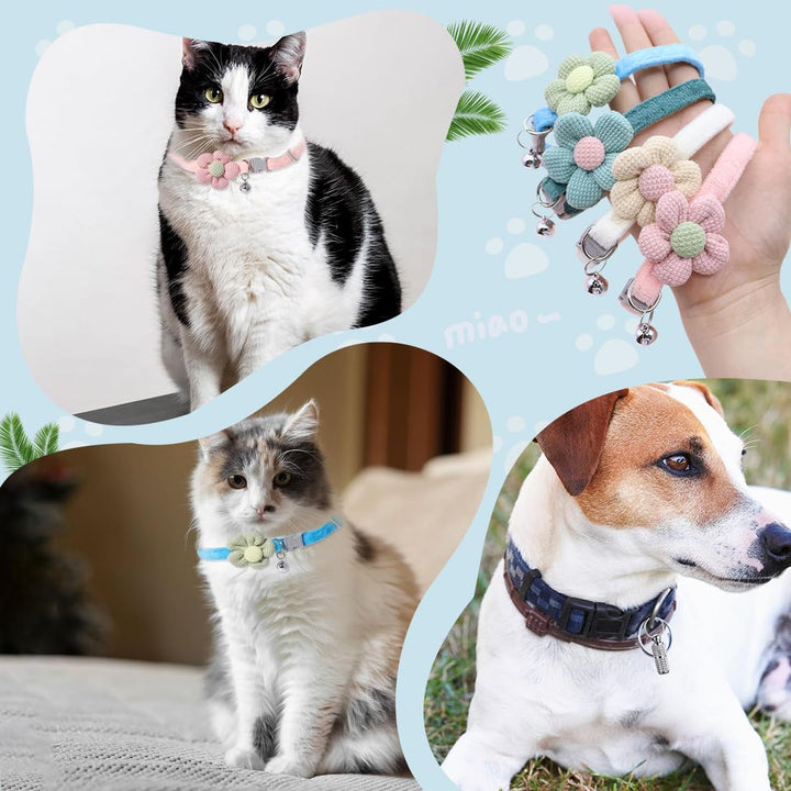 Pachet de 4 zgărzi pentru pisici cu clopoței, 2 etichete de identificare pentru animale de companie, zgărzi reglabile cu papion floral, accesorii drăguțe pentru zgardă (cu flori)