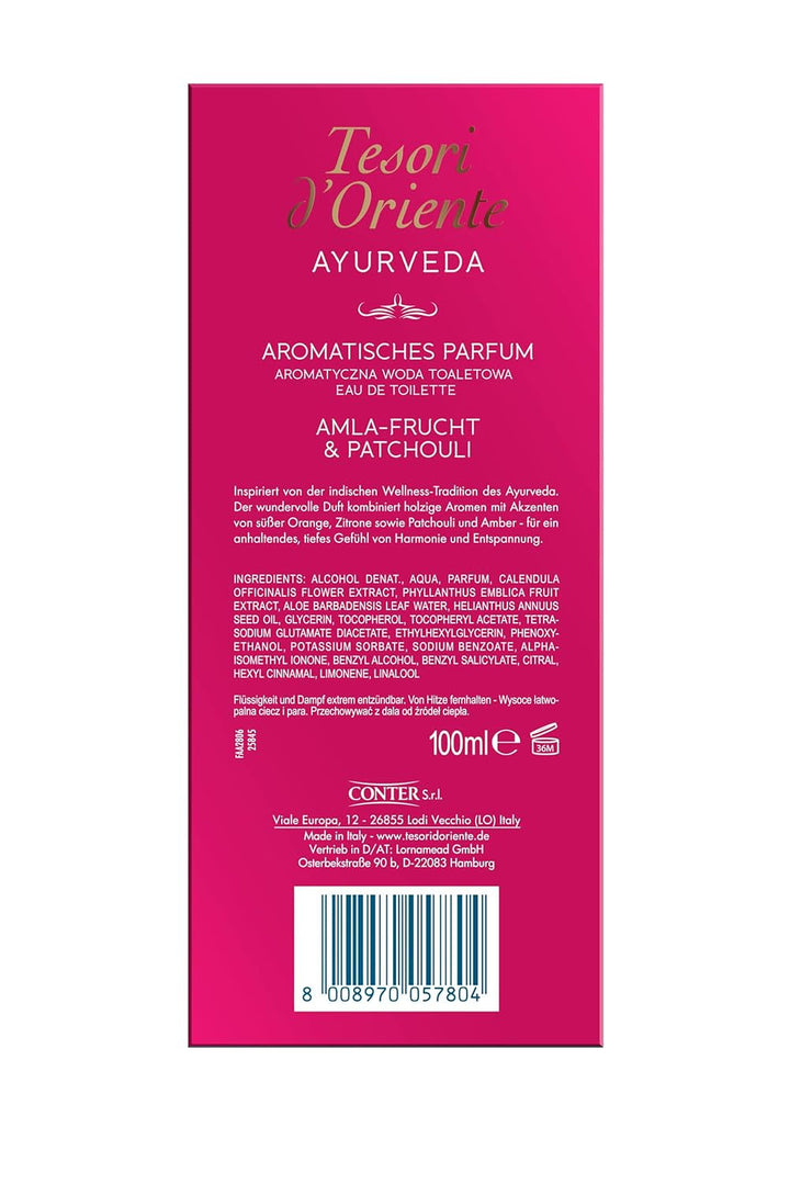 Tesori D'Oriente EDT Ayurveda 100 ml, Parfum aromatic (fructe de Amla și paciuli), într-o sticlă de aluminiu, Ritual de wellness pentru corp și simțuri