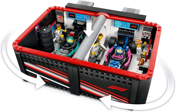 Garaj LEGO City F1 cu mașini de curse Mercedes-Amg și Alpine - Mașină de curse Formula 1 cu 2 piloți și 4 minifigurine mecanice - Cadou pentru băieți și fete 7+ și fani 60444