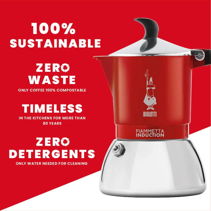 Bialetti Fiammetta Cafetieră cu inducție, aluminiu, oțel, roșu, 2 cești