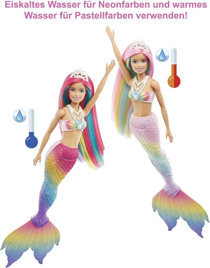 Barbie Dreamtopia Rainbow Magic Mermaid, Barbie Mermaid cu păr curcubeu, păpușă care își schimbă culoarea activată de apă, jucărie de la 3 ani, cadou pentru fete, GTF89