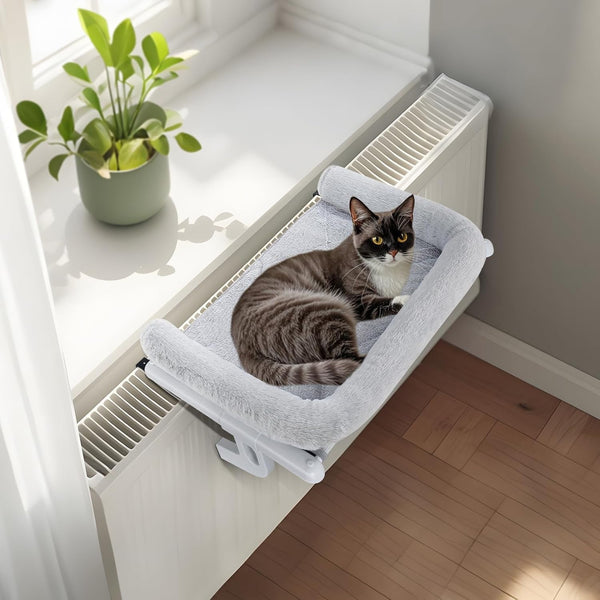 GUUSII HOME Șezlong încălzitor Pisici Șezlong pentru pisici Balcon Pat pentru pisici Pentru marginea patului Șezlong suspendat cu încălzire Pat suspendat Hamac Radiator Pisici Șezlong încălzitor Pisici 55 * 38cm Capacitate 18Kg (Gri, S)