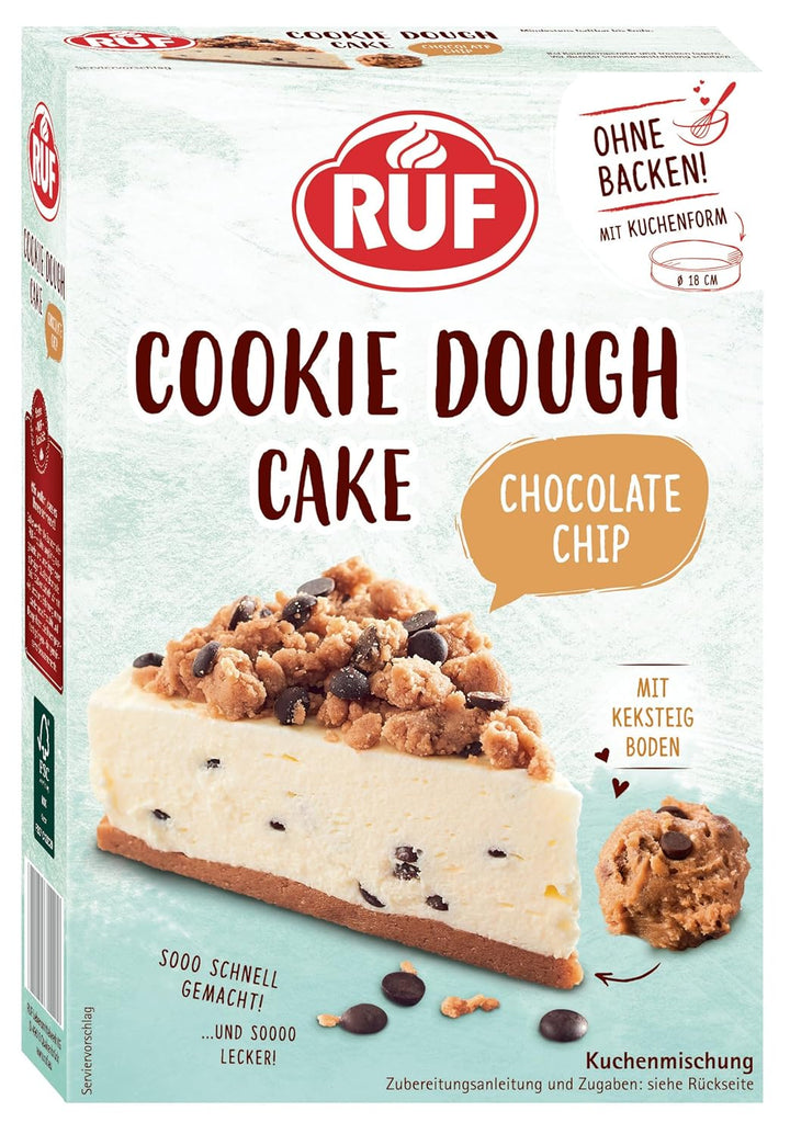 RUF Cookie Dough Cake Ohne Backen, Tortenboden Aus Keksteig Mit Frischkäse-Creme Und Schokoladenstückchen, Inkl. Kuchenform, 1X325G