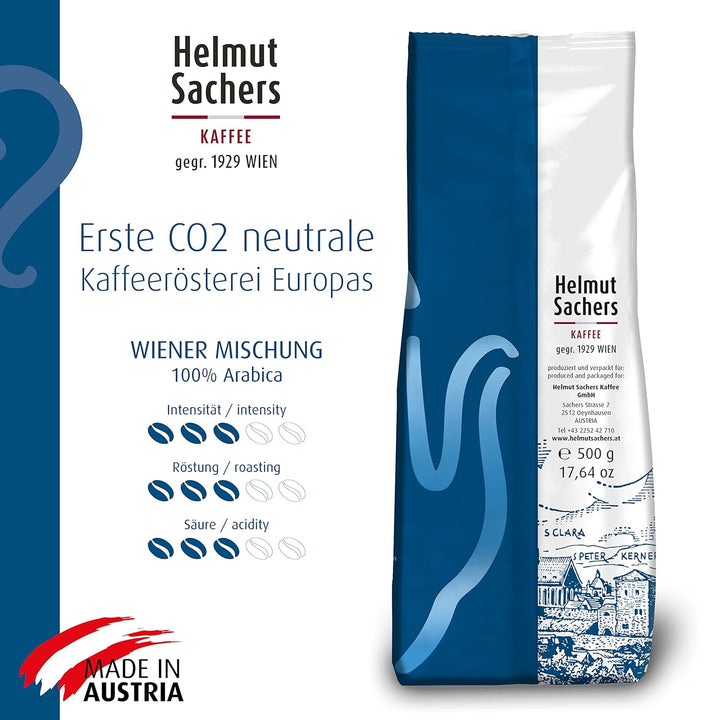 Helmut Sachers Kaffee - Wiener Mischung, Intensität 3/5, 100% Arabica, Ganze Kaffeebohnen, 6 X 500G