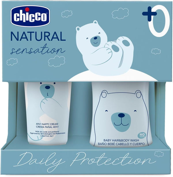CHICCO NATURAL SENSATION - SET 2: 1 ȘAMPON ȘI BAIE - FĂRĂ USCARE 200 ML, 1 CREMĂ DE SCHIMBARE 4ÎN1 100 ML
