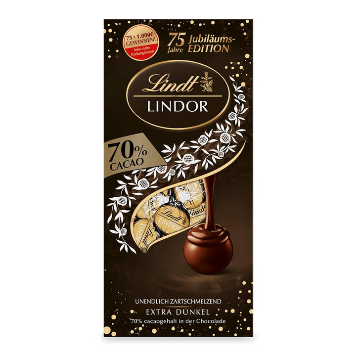 Lindt Schokolade LINDOR Kugeln 70% | 137G Beutel | Ca. 10 Kugeln Feinherbe Schokolade Mit Zartschmelzender Füllung | Pralinengeschenk | Schokoladengeschenk | 75 Jahre